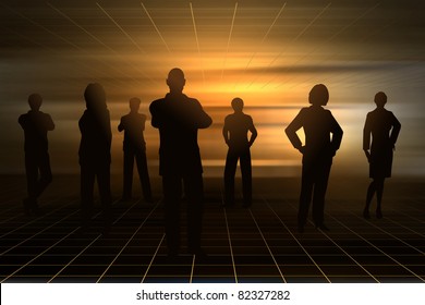 Editable vector silhouettes of business people with background made using a gradient mesh