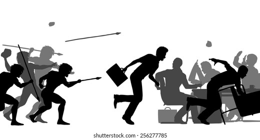 Editable vector silhouettes of cavemen attacking a business meeting with all elements as separate objects