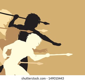 Editable vector silhouettes of cavemen holding spears threateningly