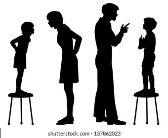 Editable vector silhouettes of children copying their parents