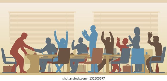 Editable vector silhouettes of colorful business people celebrating at a meeting