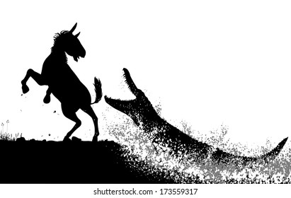 Editable vector silhouettes of a crocodile attacking a zebra or horse with figures as separate objects