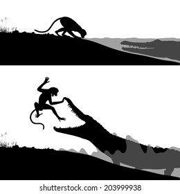 Editable vector silhouettes of a crocodile hunting a thirsty monkey