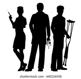 Editable vector silhouettes of a doctor and nurse medical team 