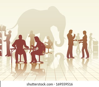 Editable vector silhouettes of an elephant in a busy office of people with reflections