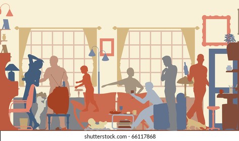 Editable vector silhouettes of a family gathering in a living room