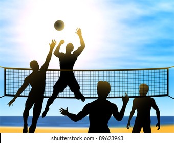 Editable vector silhouettes of four men playing beach volleyball with background made using a gradient mesh