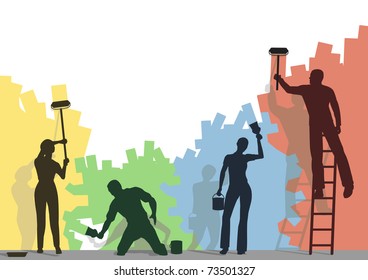 Editable vector silhouettes of four people painting a blank wall different colors with copy space