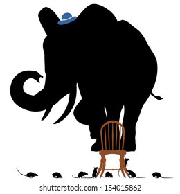 Editable vector silhouettes of a frightened elephant standing on a chair surrounded by rats