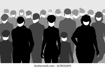 Editable vector silhouettes of a group of people all wearing facemasks