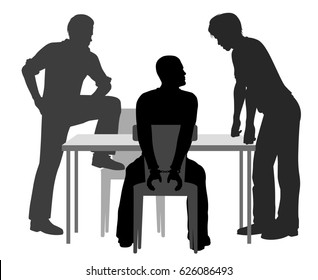 Editable vector silhouettes of a handcuffed man being interrogated by two detectives 