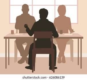 Bearbeitbare Vektorsilhouetten eines Mannes, der von einem Gremium von zwei Personen interviewt wird 