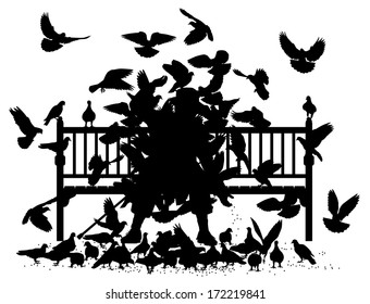 Editable vector silhouettes of a man on a bench smothered by pigeons with all birds as separate objects