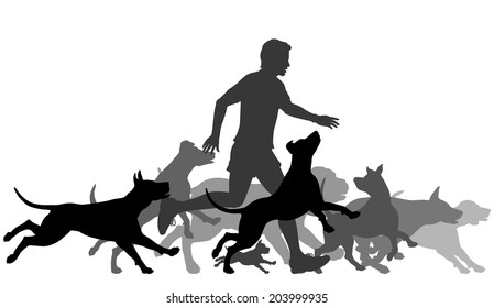 Editable vector silhouettes of a man and pack of dogs running together with all elements as separate objects