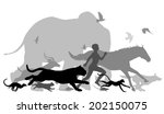 Editable vector silhouettes of a man running together with various animals