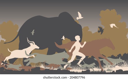 Editable vector silhouettes of a man running together with various animals