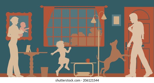 Editable vector silhouettes of a man welcomed home by wife, children and dog with all figures as separate objects