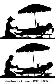 Editable vector silhouettes of a man and woman on a beach vacation getting a foot massage with figures as separate objects 