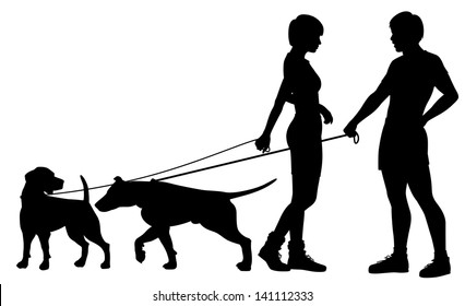 Editable vector silhouettes of a man and woman and their pet dogs interacting