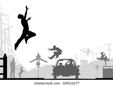Editable vector silhouettes of men doing parkour in an urban street scene