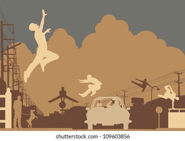 Editable vector silhouettes of men doing parkour in an urban street scene