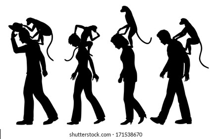 Editable vector silhouettes of monkeys on people's backs with all figures as separate objects
