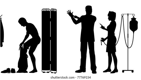 Editable vector silhouettes of a nurse and doctor about to exam a patient