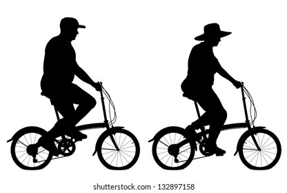 Editable Vector Silhouettes Of An Overweight Couple Riding Small Bicycles For Exercise With People, Bicycles And Hats As Separate Objects