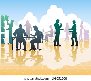 Editable vector silhouettes of people in a busy office with reflections