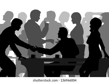 Editable vector silhouettes of people in a busy office with all elements as separate objects