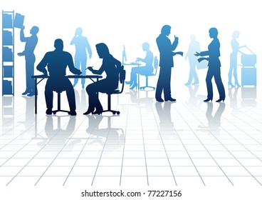 Editable vector silhouettes of people in a busy office with reflections