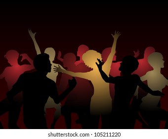 Editable vector silhouettes of people dancing at a disco
