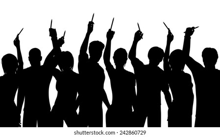 Editable vector silhouettes of people holding up pencils in support of freedom of expression with all figures as separate objects