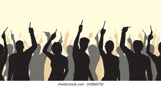 Editable vector silhouettes of people holding up pencils in support of freedom of expression with all figures as separate objects