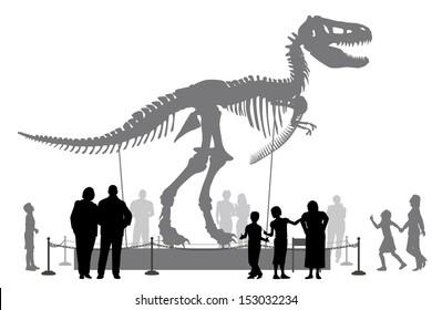 Editable vector silhouettes of people looking at a Tyrannosaurus rex skeleton in a museum