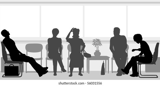 Editable vector silhouettes of people sitting in a waiting room