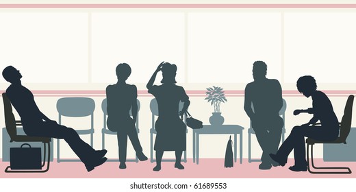 Editable vector silhouettes of people sitting in a waiting room