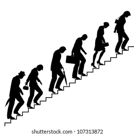 Editable vector silhouettes of people trudging upstairs