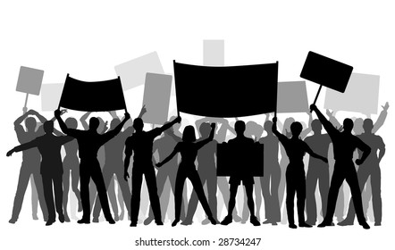 Editable vector silhouettes of protesters and banners with all elements as separate objects