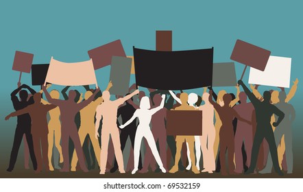 Editable vector silhouettes of protesters and banners