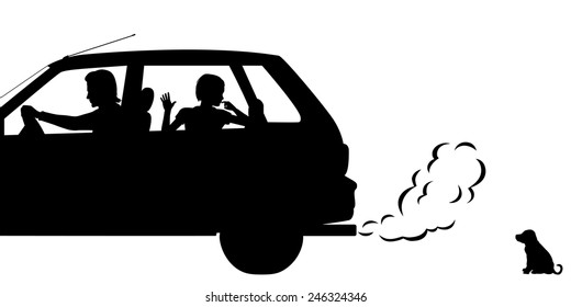 Editable vector silhouettes of a puppy being abandoned by a family driving away