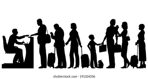 Editable vector silhouettes of a queue of people at an immigration desk with all figures and luggage as separate objects