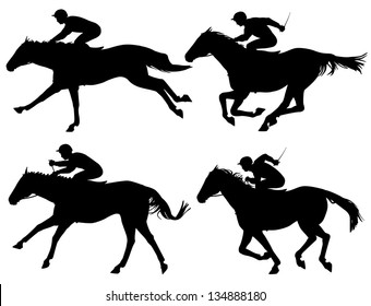 Editable vector silhouettes of racing horses with horses and jockeys as separate objects