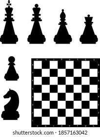 Editable vector silhouettes from a set of standard chess pieces and a chessboard.