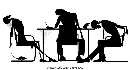 Editable vector silhouettes of skeletons in an office as a failed business concept