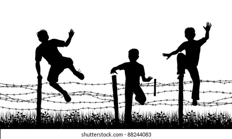 Editable vector silhouettes of three boys jumping over a barbed wire fence with boys, fence and grass as separate objects
