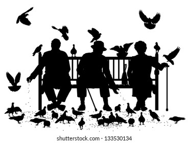 Editable Vector Silhouettes Of Three Elderly People On A Park Bench Feeding Pigeons With All Elements As Separate Objects