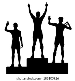 Editable vector silhouettes of three male athletes celebrating on a medal podium with each figure as a separate object