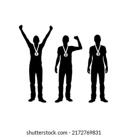 Editable vector silhouettes of three male athletes celebrating on a medal podium with each figure as a separate object