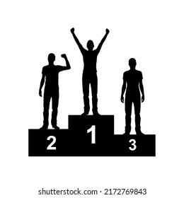 Editable vector silhouettes of three male athletes celebrating on a medal podium with each figure as a separate object